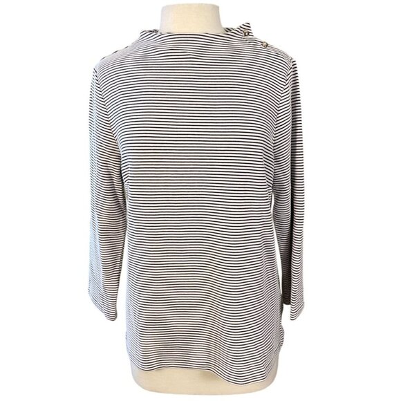 Talbots 3/4 Sleeve High Neck Textured Navy Striped Pullover Button Accent LG NWT - Picture 1 of 7